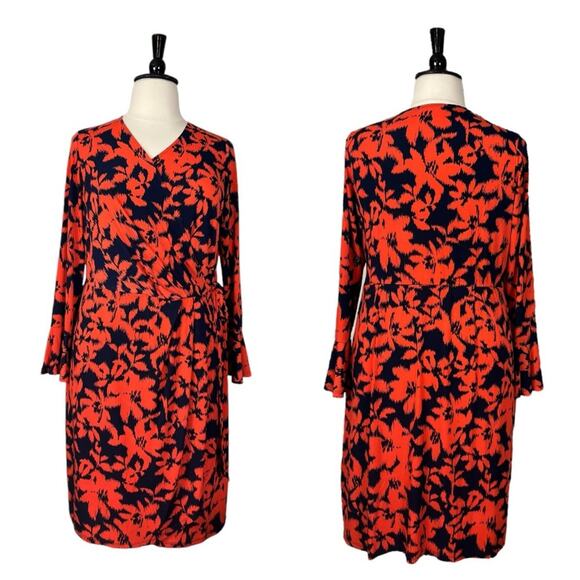 London Times Dress Faux Wrap V-neck Flare Sleeve Orange Blue Women’s Size 16W - Picture 13 of 13